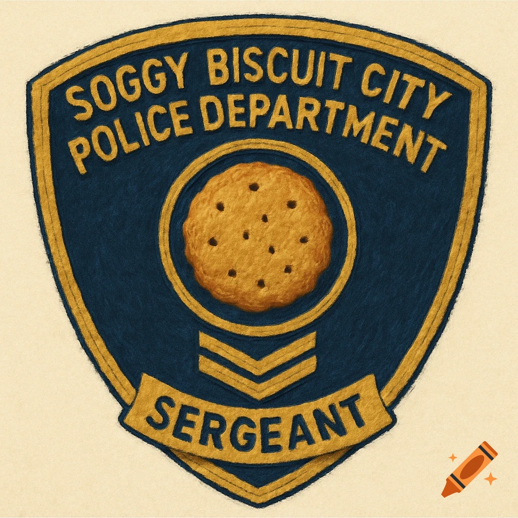 An illustrated police badge for the 'Soggy Biscuit City Police Department Sergeant' featuring a cookie.