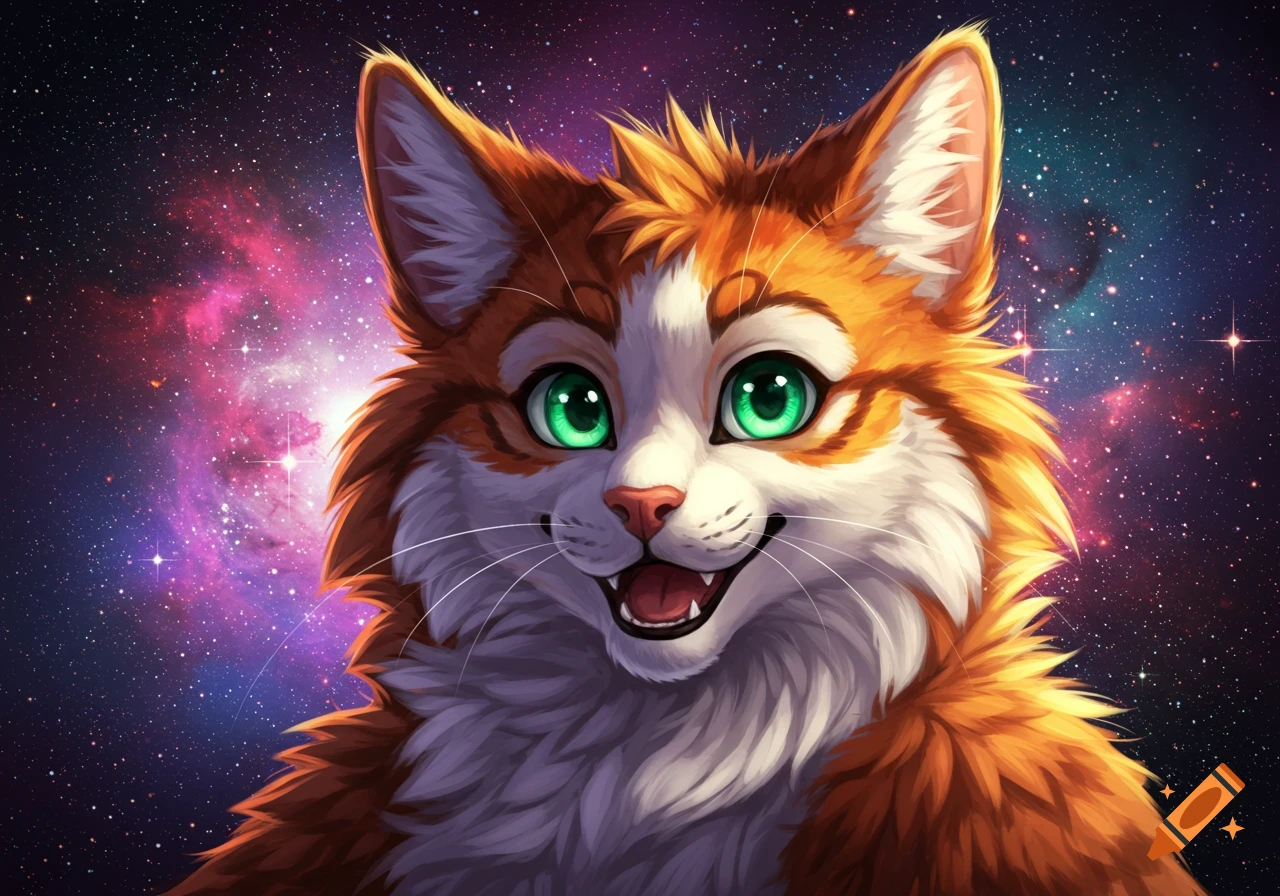 Portrait of an orange and white furry cat with green eyes against a galaxy background
