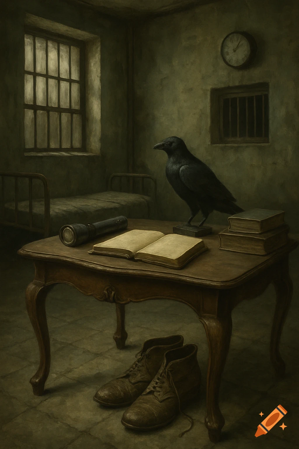 A desolate room with a table holding books, flashlight, and raven statue, with a bed and barred windows.