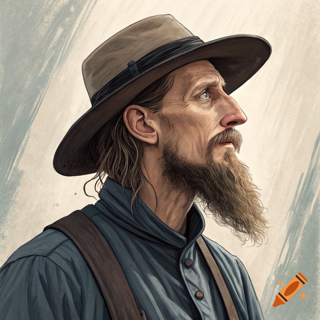 Illustrated portrait of a bearded man in a hat