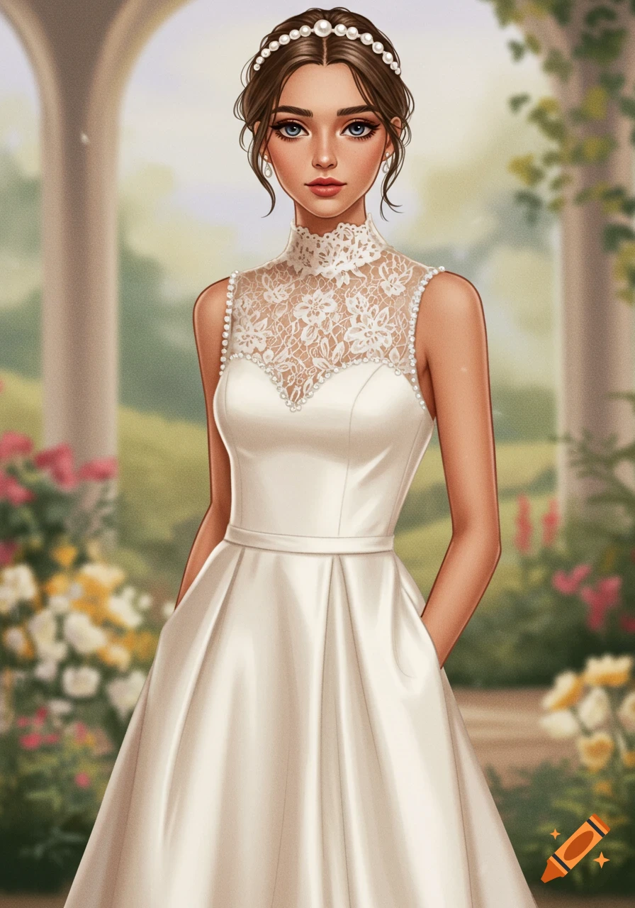 A woman in a white lace high neckline wedding dress and pearl headband stands in a garden.