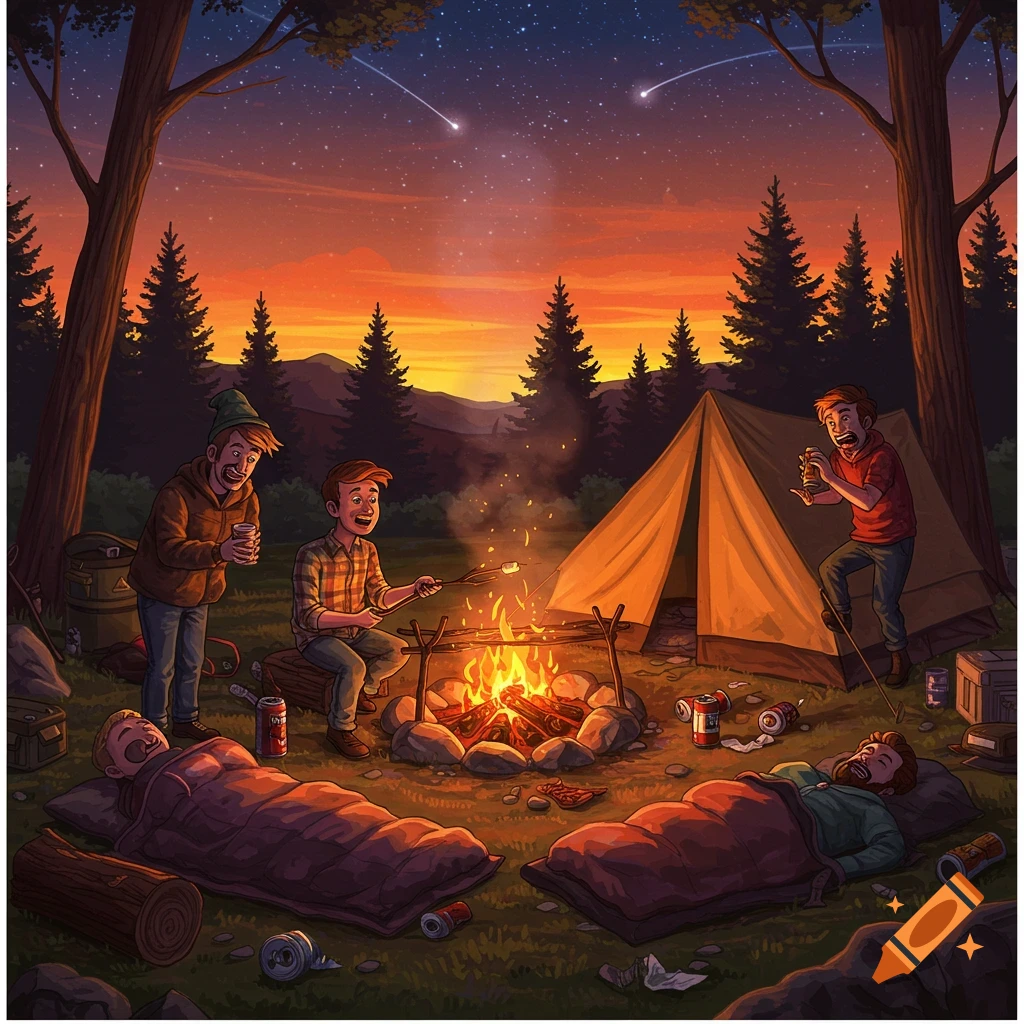 People camping around a campfire at night, under a starry sky with meteors.