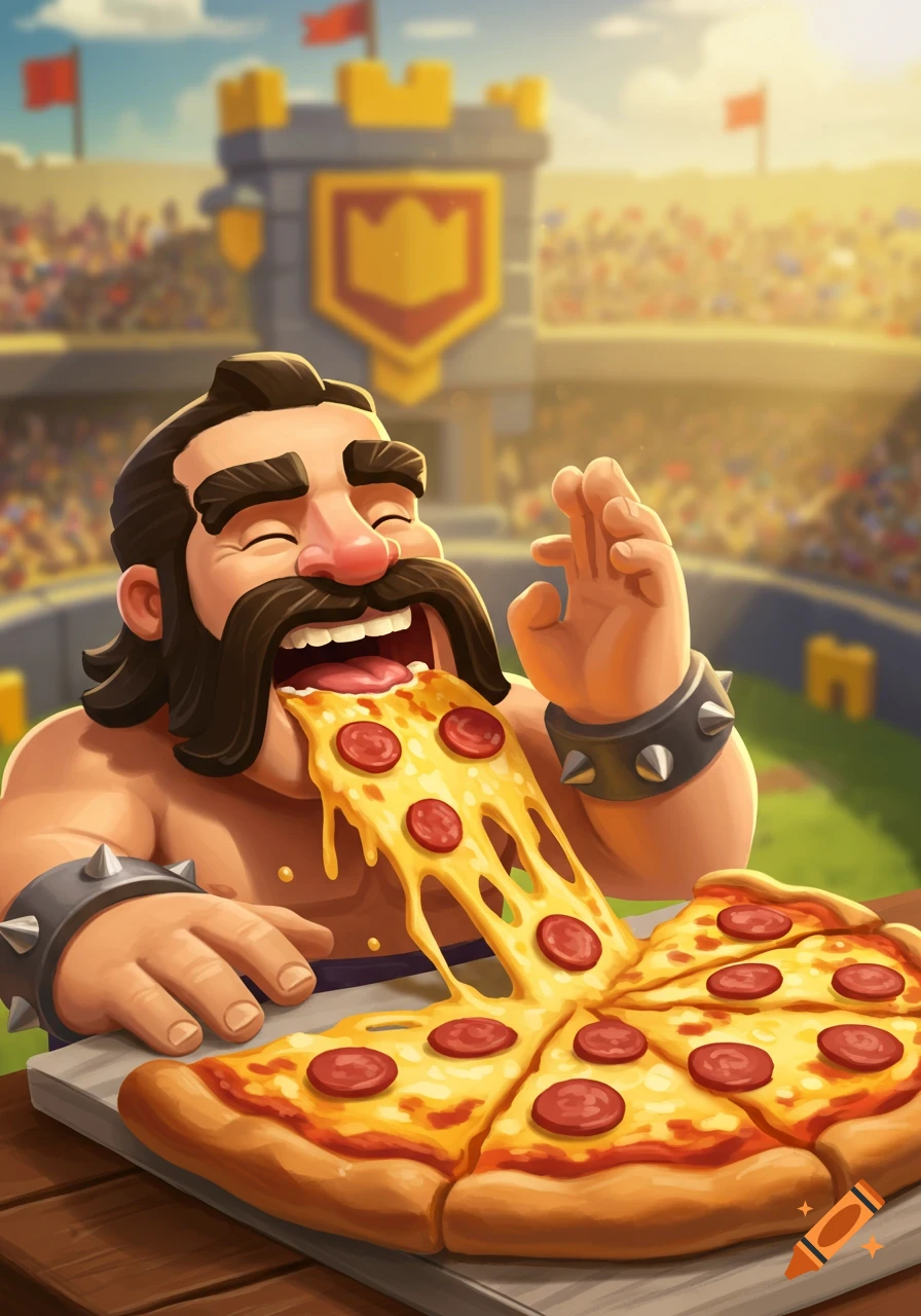 Clash Royale barbarian character happily eating a large slice of pepperoni pizza in a stadium