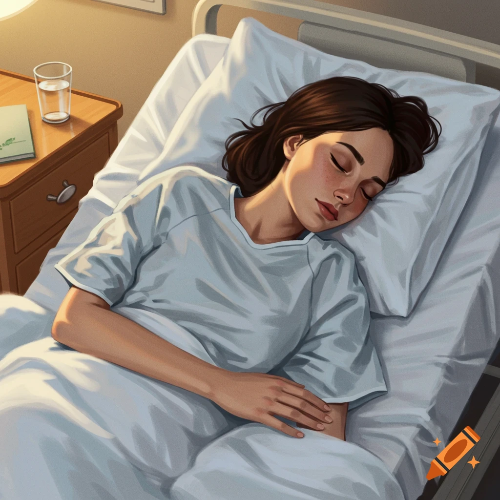 Illustration of a woman sleeping in a hospital bed next to a nightstand with a glass of water and a book.