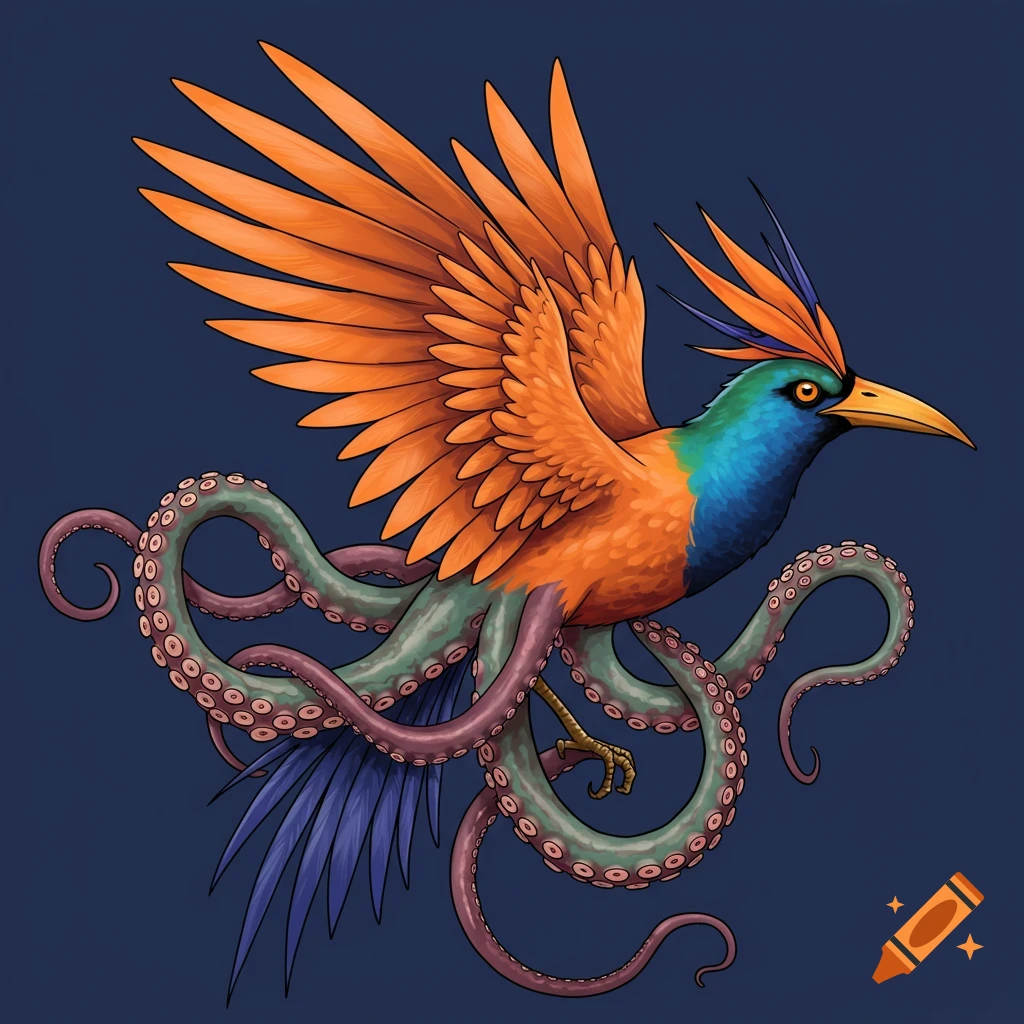 A stylized bird of paradise creature with octopus tentacles, in a neo-traditional tattoo style.