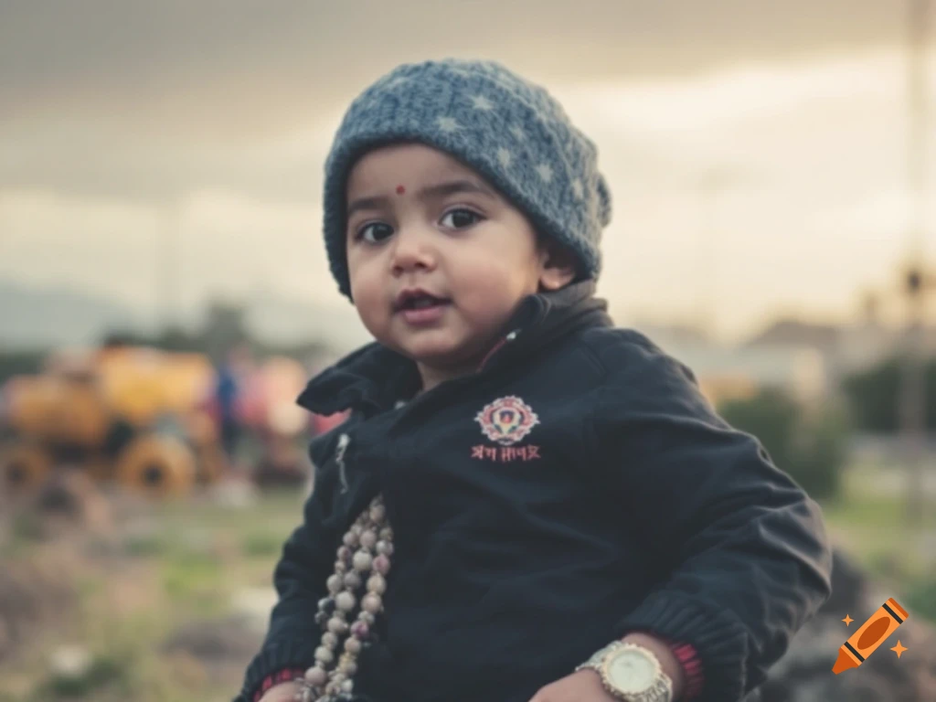 Close-up portrait of a child wearing a beanie and jacket outdoors.