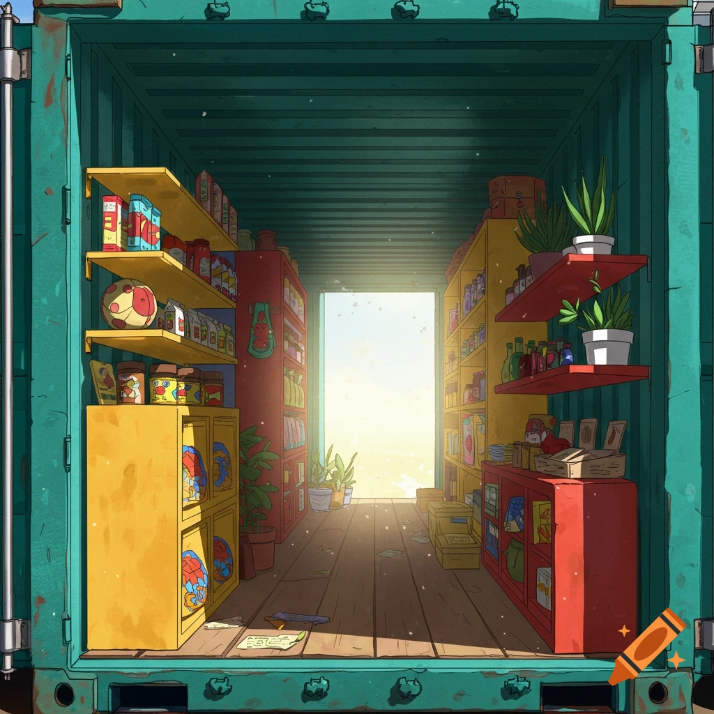 Illustrated interior of a shipping container shop with shelves of goods and plants, sunlight from open door