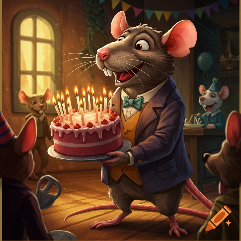 An anthropomorphic rat holds a birthday cake with lit candles surrounded by other rats at a party.