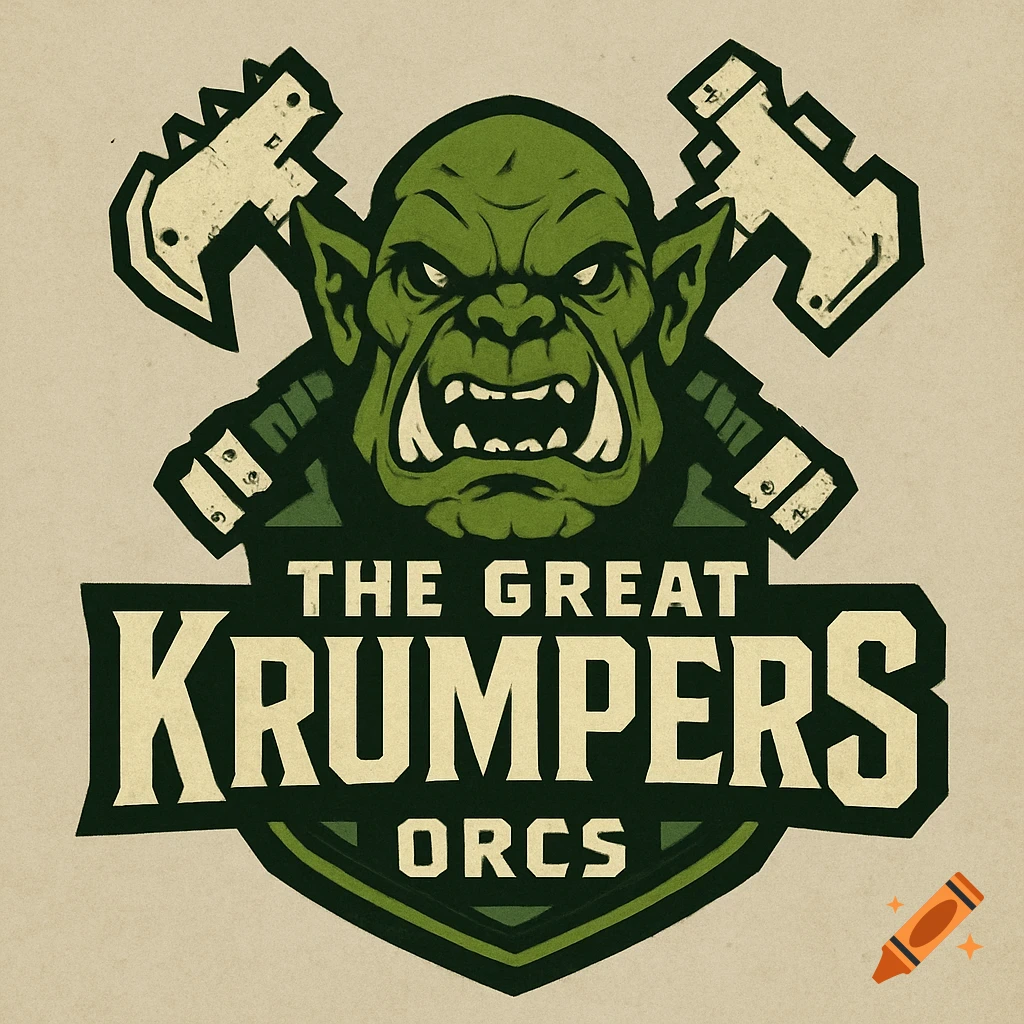Logo featuring a green orc head with tusks and crossed axes behind it, text reads 'The Great Krumpers Orcs'.