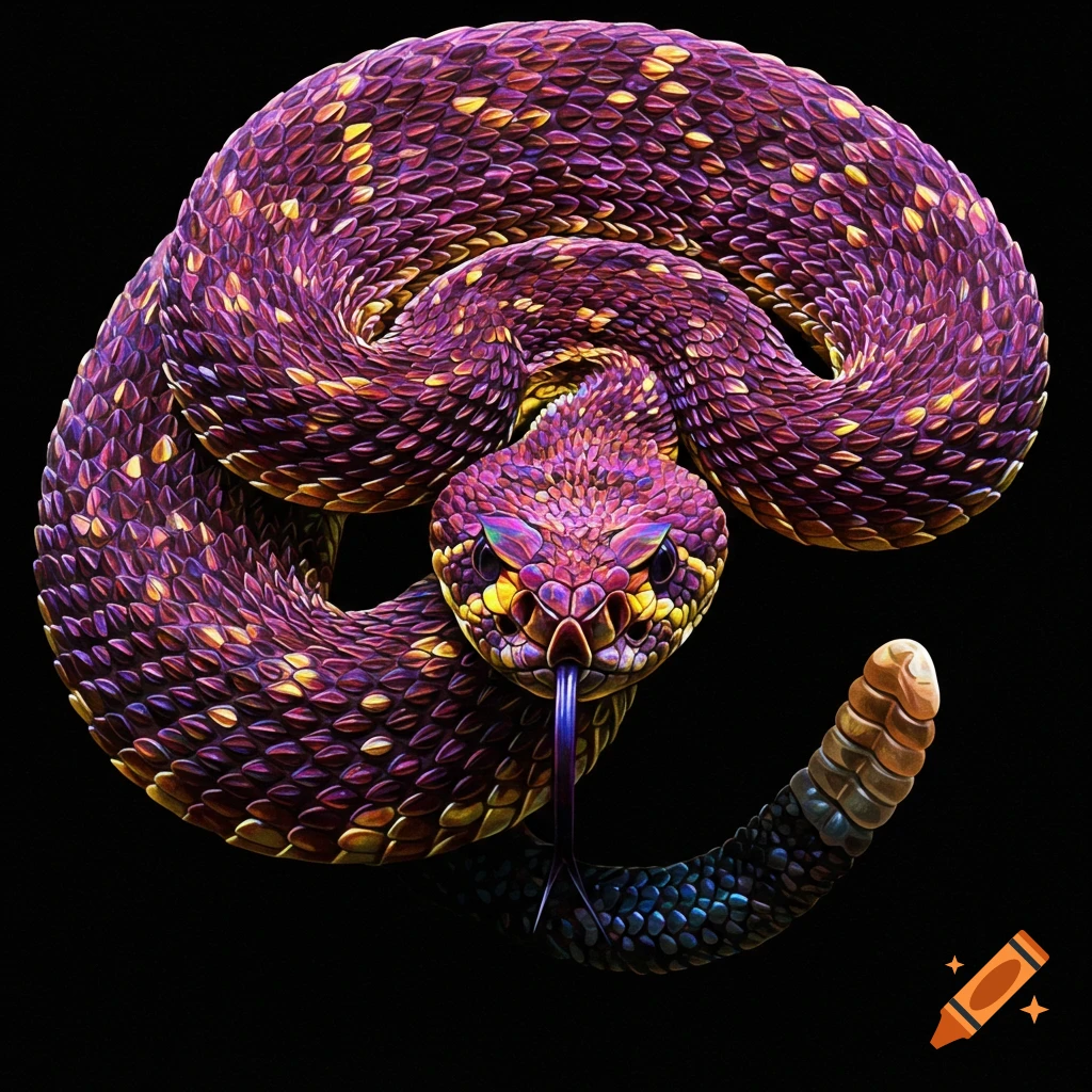 A vibrant purple rattlesnake with yellow spots, coiled and flicking its tongue, on a black background in a digital painting style.