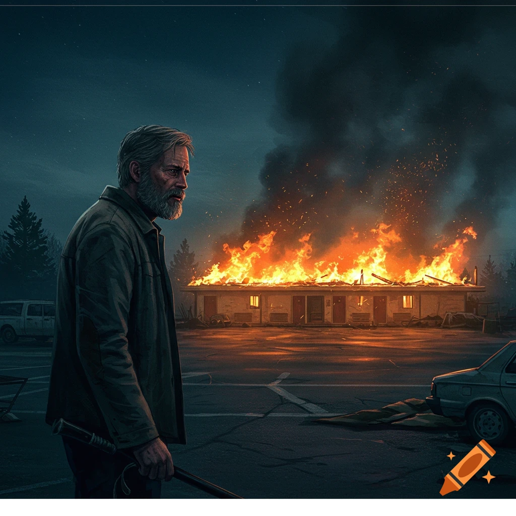 A man watches a motel burn down at night.