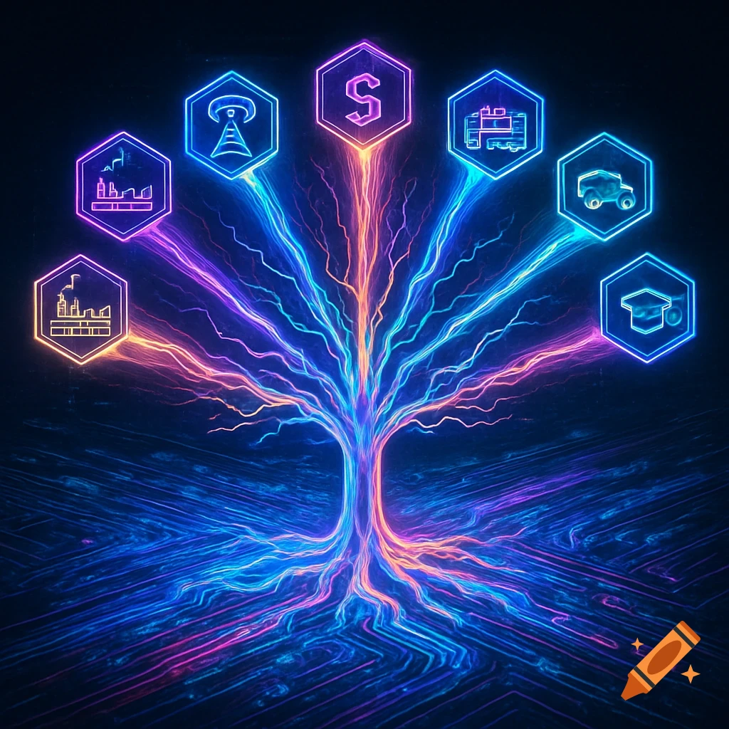 Spectral glowing tree branches into hexagonal icons representing industry, technology, and education on a circuit board background in a cyberpunk style.