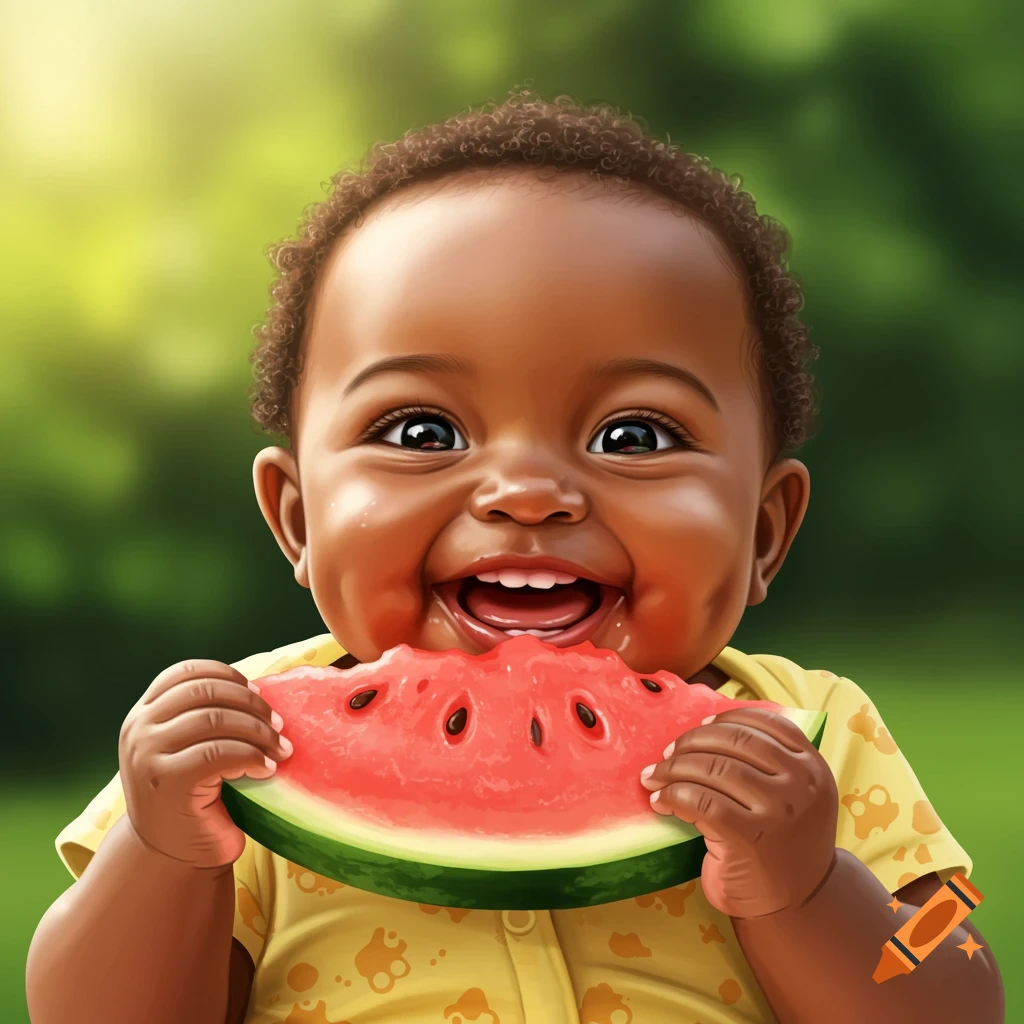 Happy African American baby eating a slice of watermelon