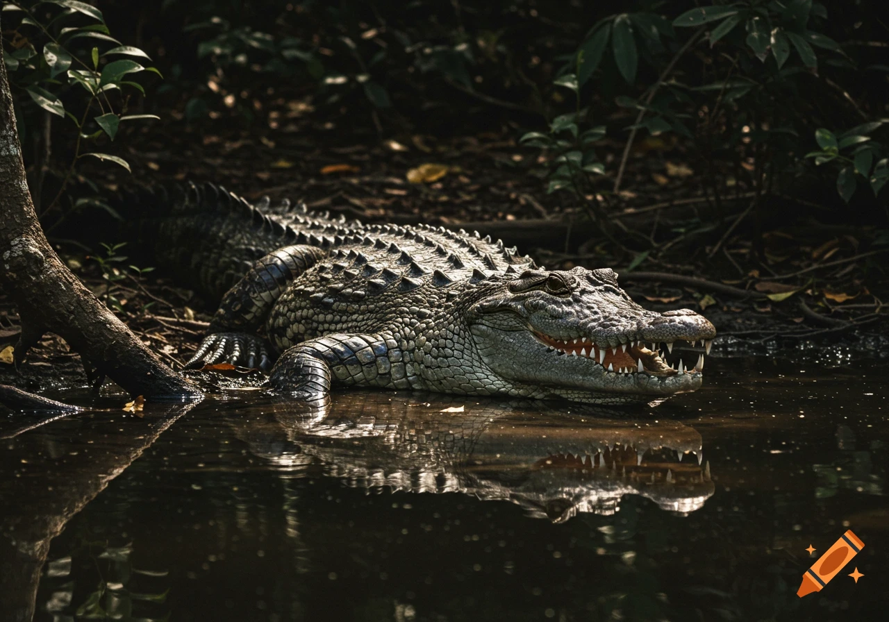 A large crocodile lies partly submerged in murky water in a dark, leafy environment.