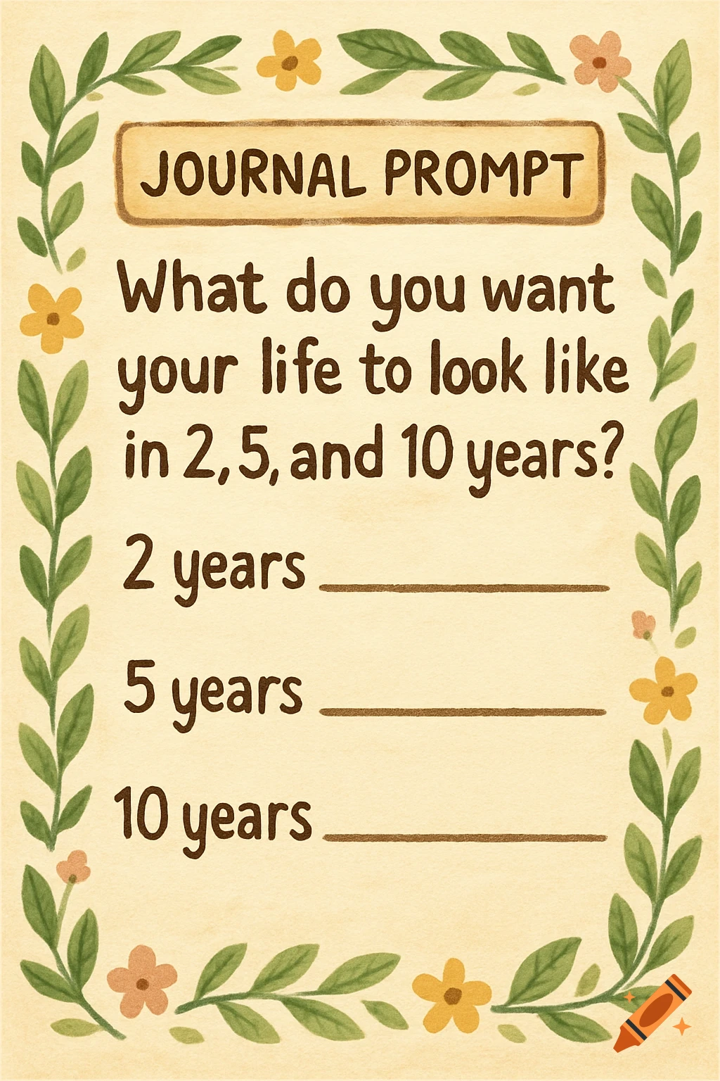 Illustrated journal prompt worksheet with text: 'What do you want your life to look like in 2, 5, and 10 years?'