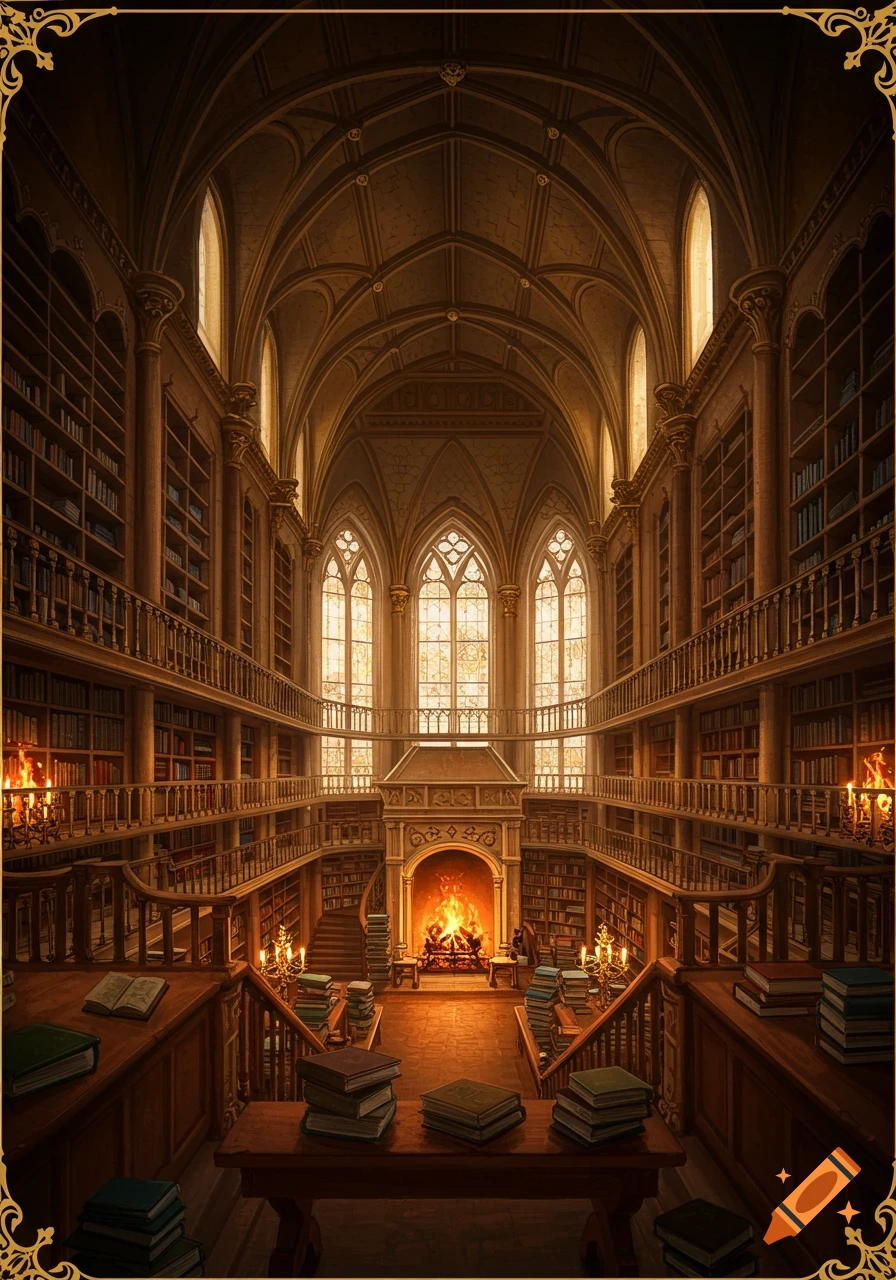 A grand, multi-level library hall with towering bookshelves, a fireplace, and stacks of books.