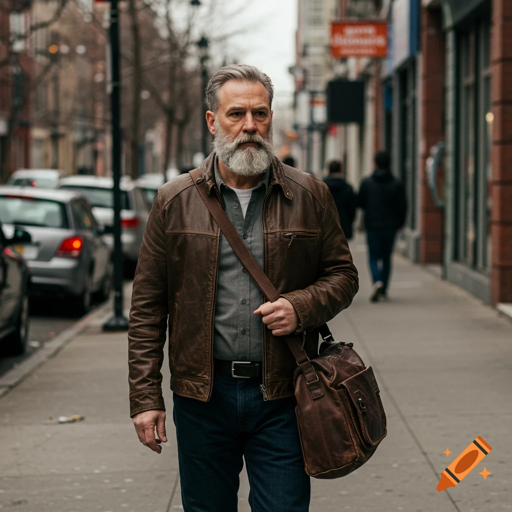 A bearded man in a leather jacket walks down an urban sidewalk carrying a bag. Photorealistic.