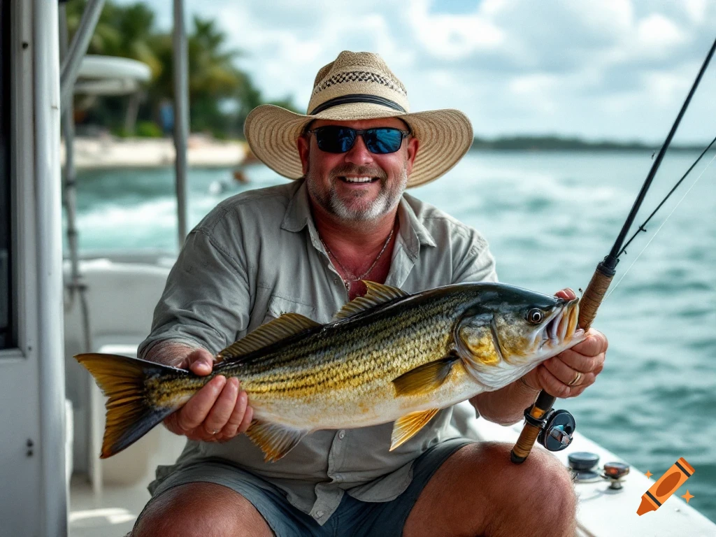 Man in hat and sunglasses holding a fish on a boat while fishing, photorealistic.