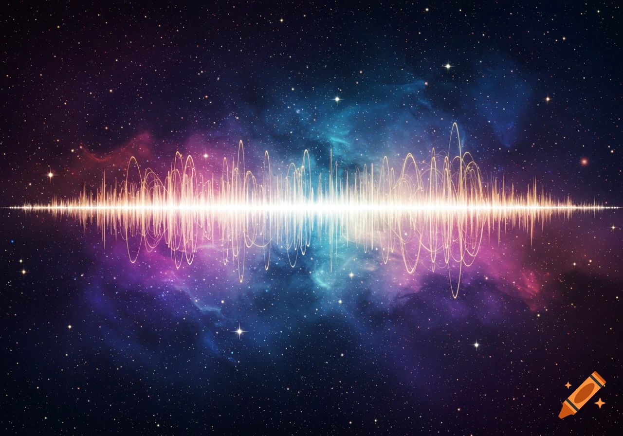 An abstract image of glowing sound waves against a colorful space background with stars and nebulae.