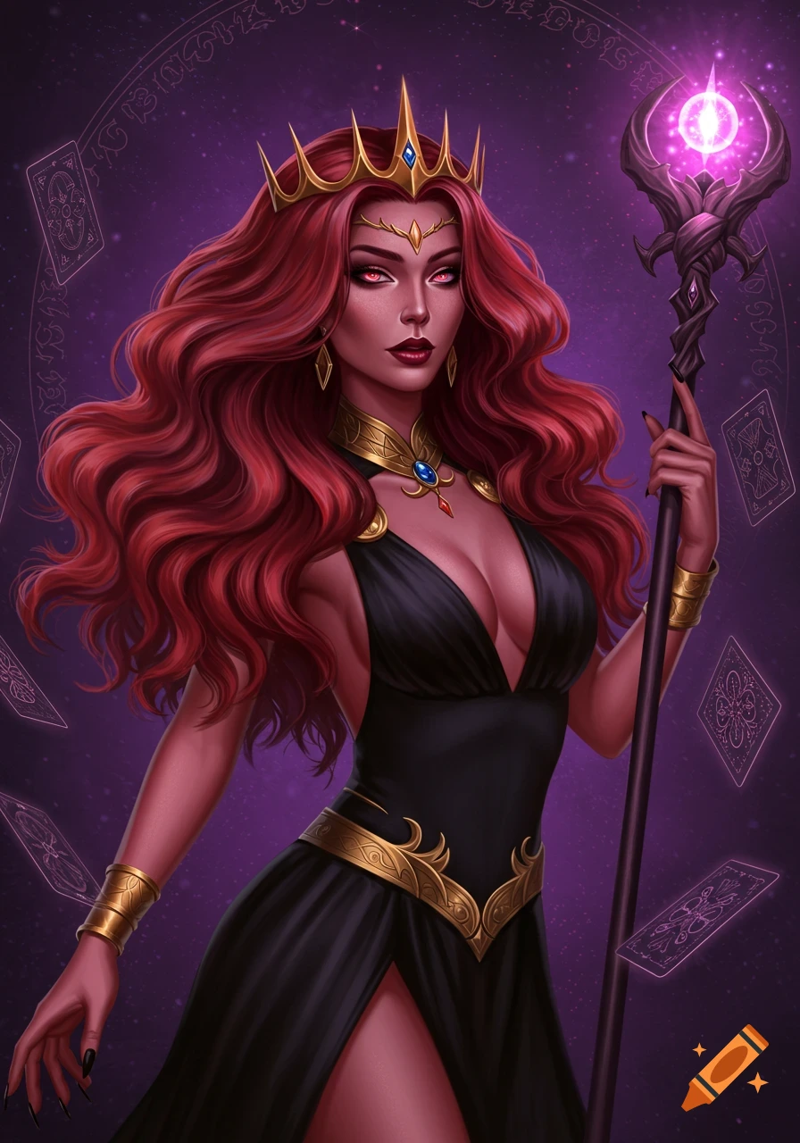 A demon sorceress queen with red hair, crown, and staff, surrounded by floating tarot cards.