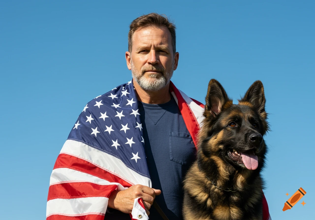 Man with an American flag over his shoulders standing beside a German Shepherd dog.