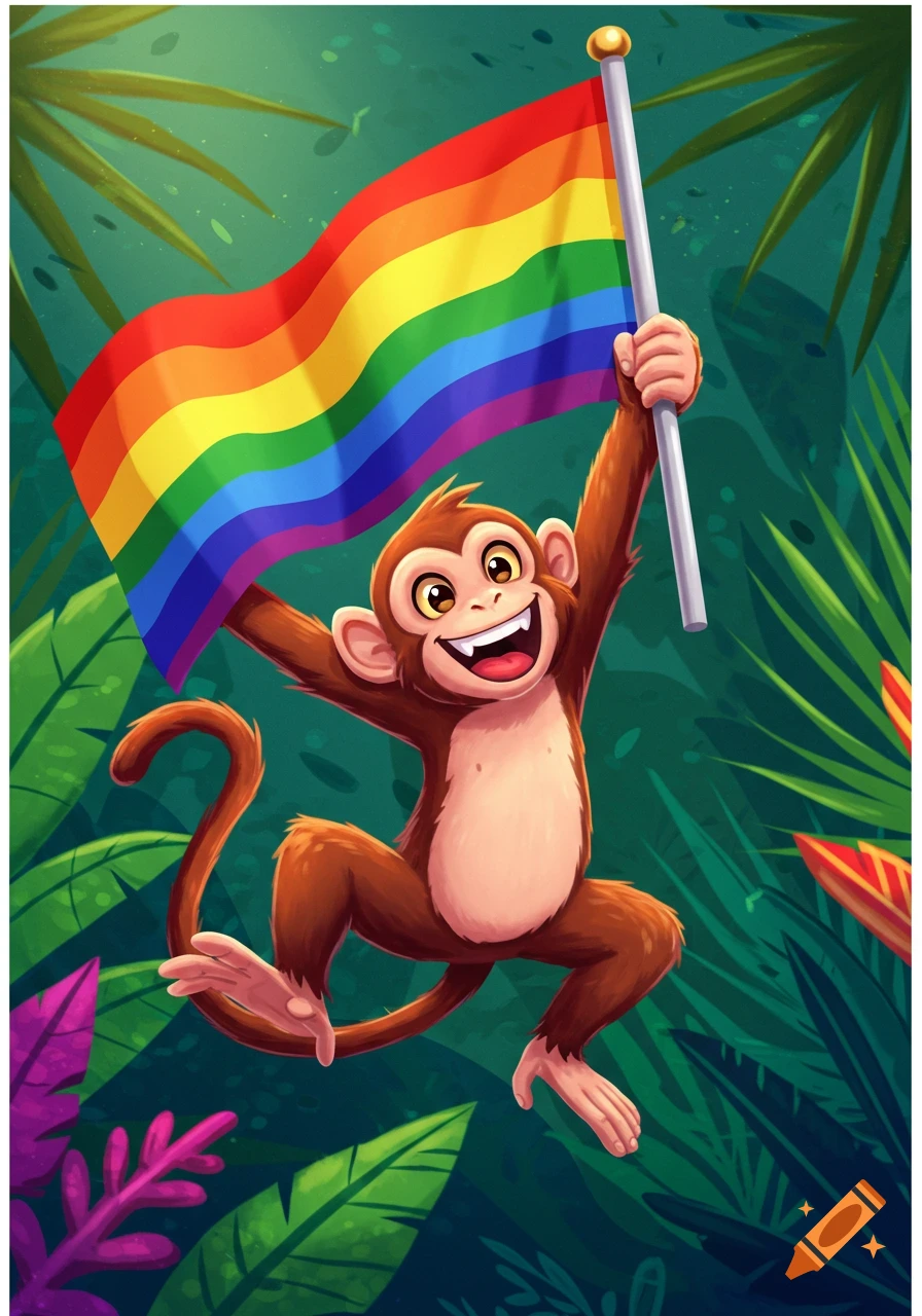 A happy cartoon monkey holds a rainbow pride flag while swinging through a jungle.