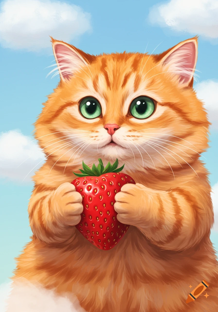 An orange tabby cat holds a large strawberry under a blue sky.
