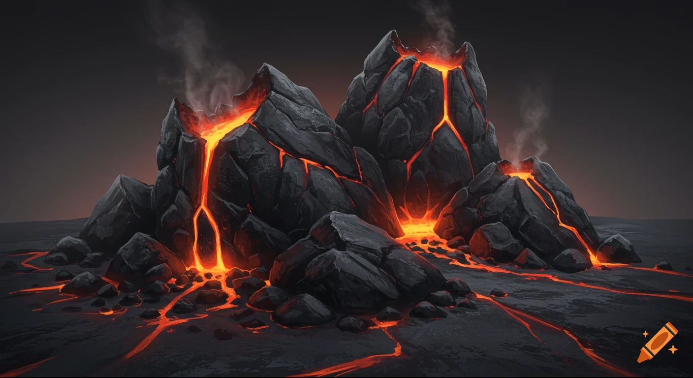 Volcanic rocks with bright orange lava flows and rising steam.