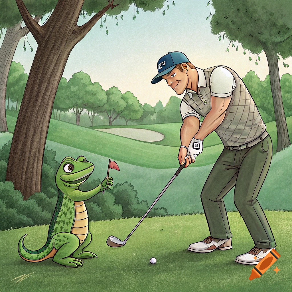 Cartoon illustration of a man golfing with a green lizard holding a flag on a golf course