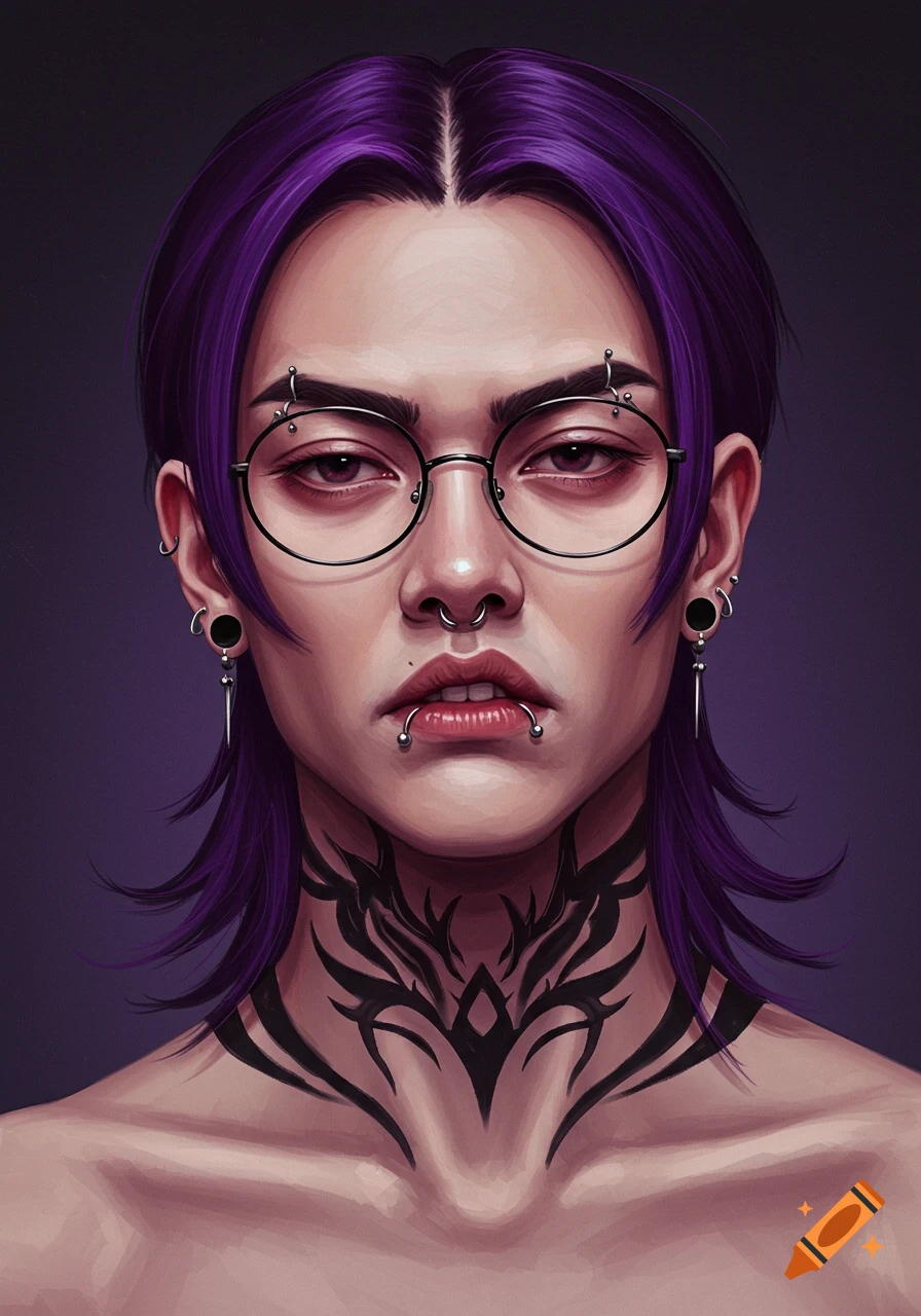 Portrait of a person with purple hair, glasses, facial/ear piercings, and a neck tattoo.