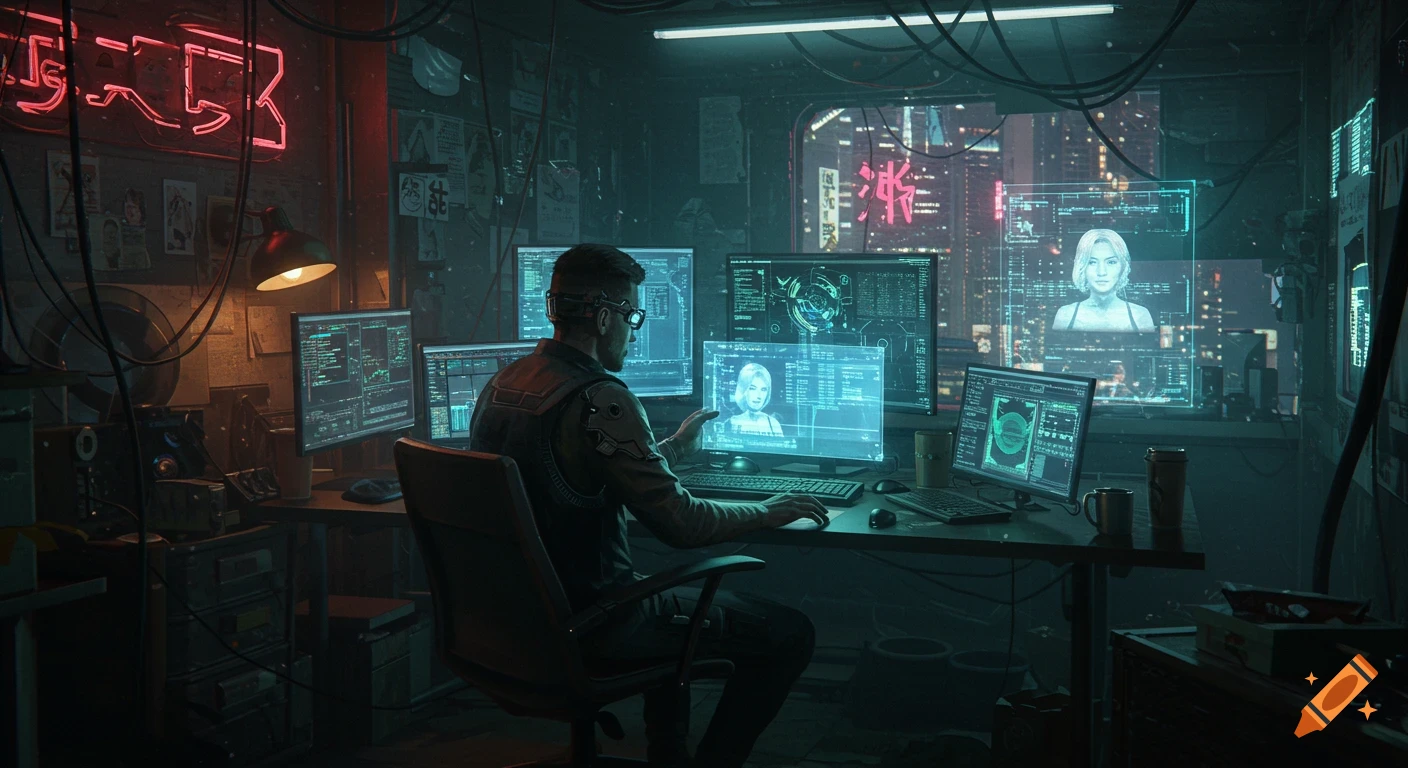 A hacker in a dark cyberpunk room with glowing screens and neon city lights outside.