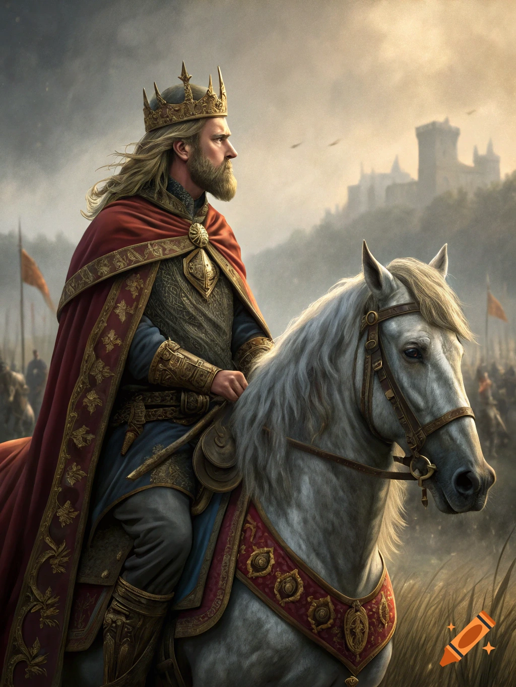 King on a horse in armor with a crown in a medieval battle scene with a castle.