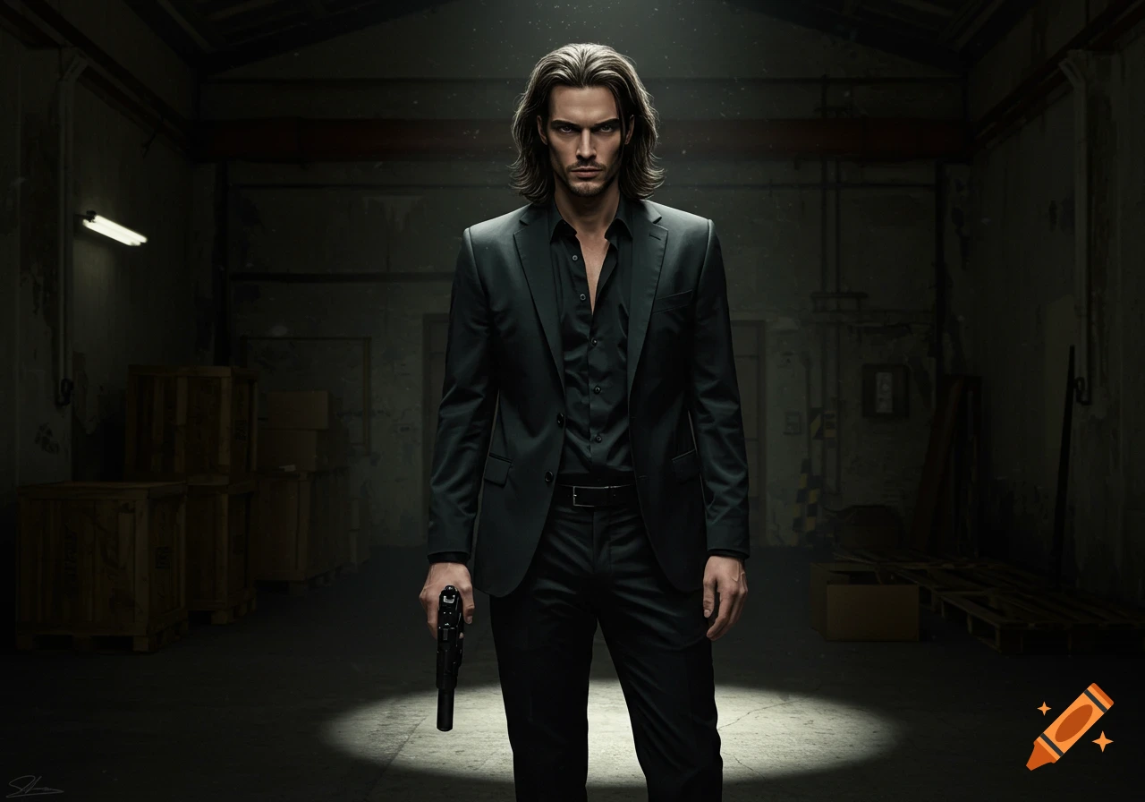 A man in a black suit holding a pistol in a dark warehouse.