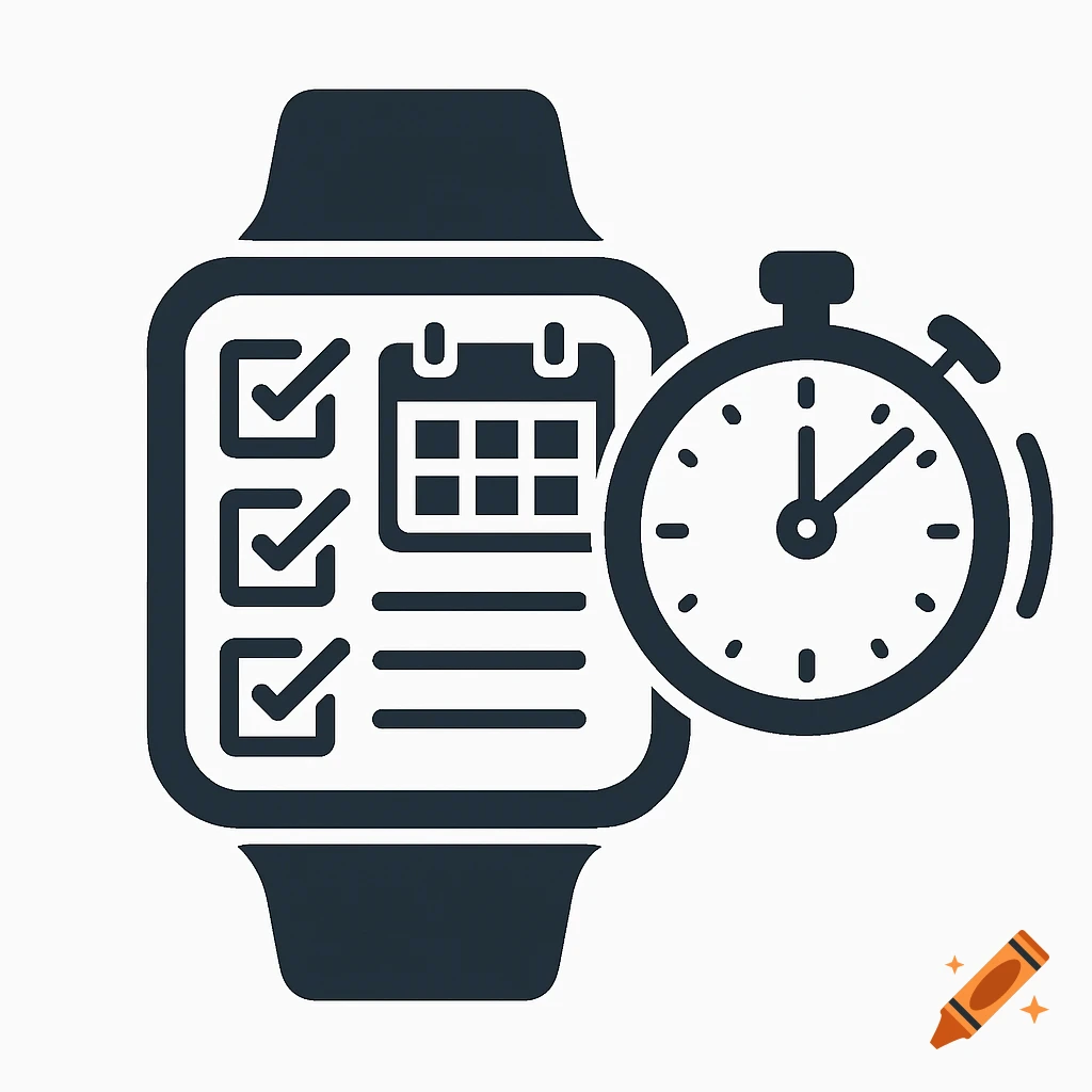 Icon of a smartwatch showing a checklist and calendar next to a stopwatch