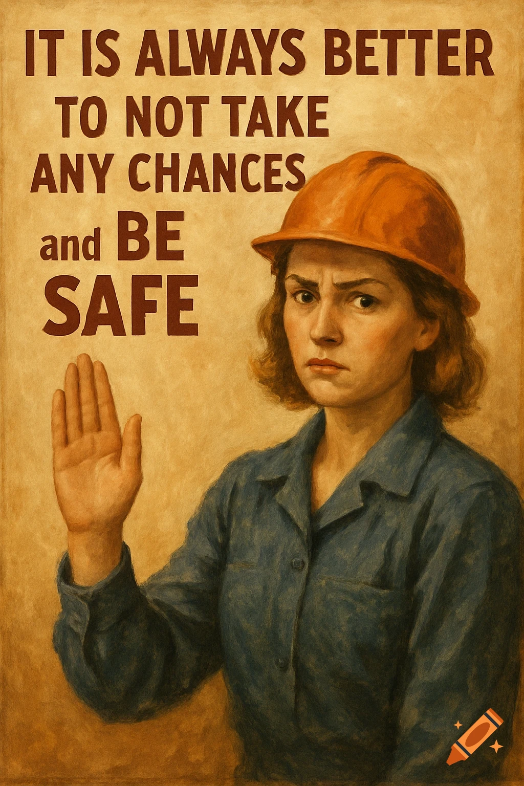 Painting of a woman in hard hat making stop gesture next to safety text