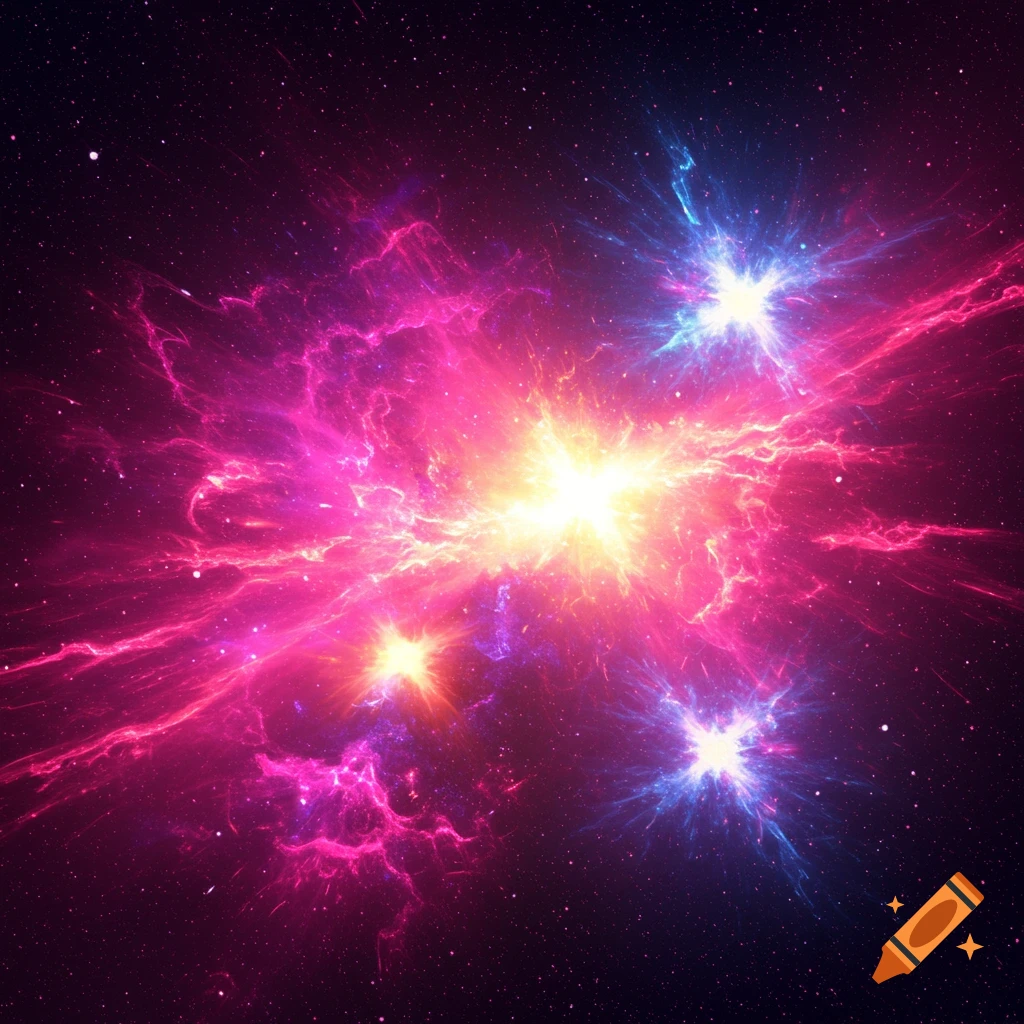 Vibrant cosmic explosion of supernovas and nebulas in space.