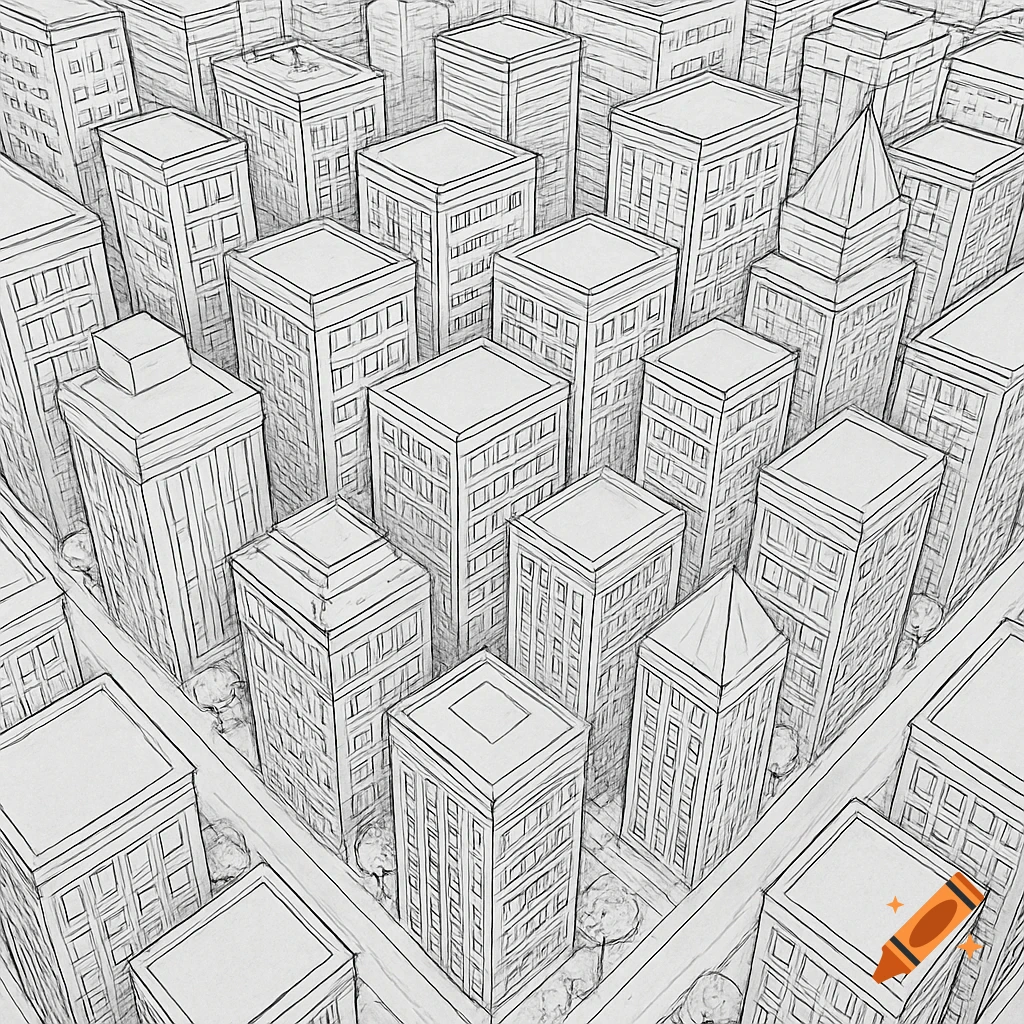 Black and white sketch of a city from a bird's eye view, showing many detailed buildings in perspective.