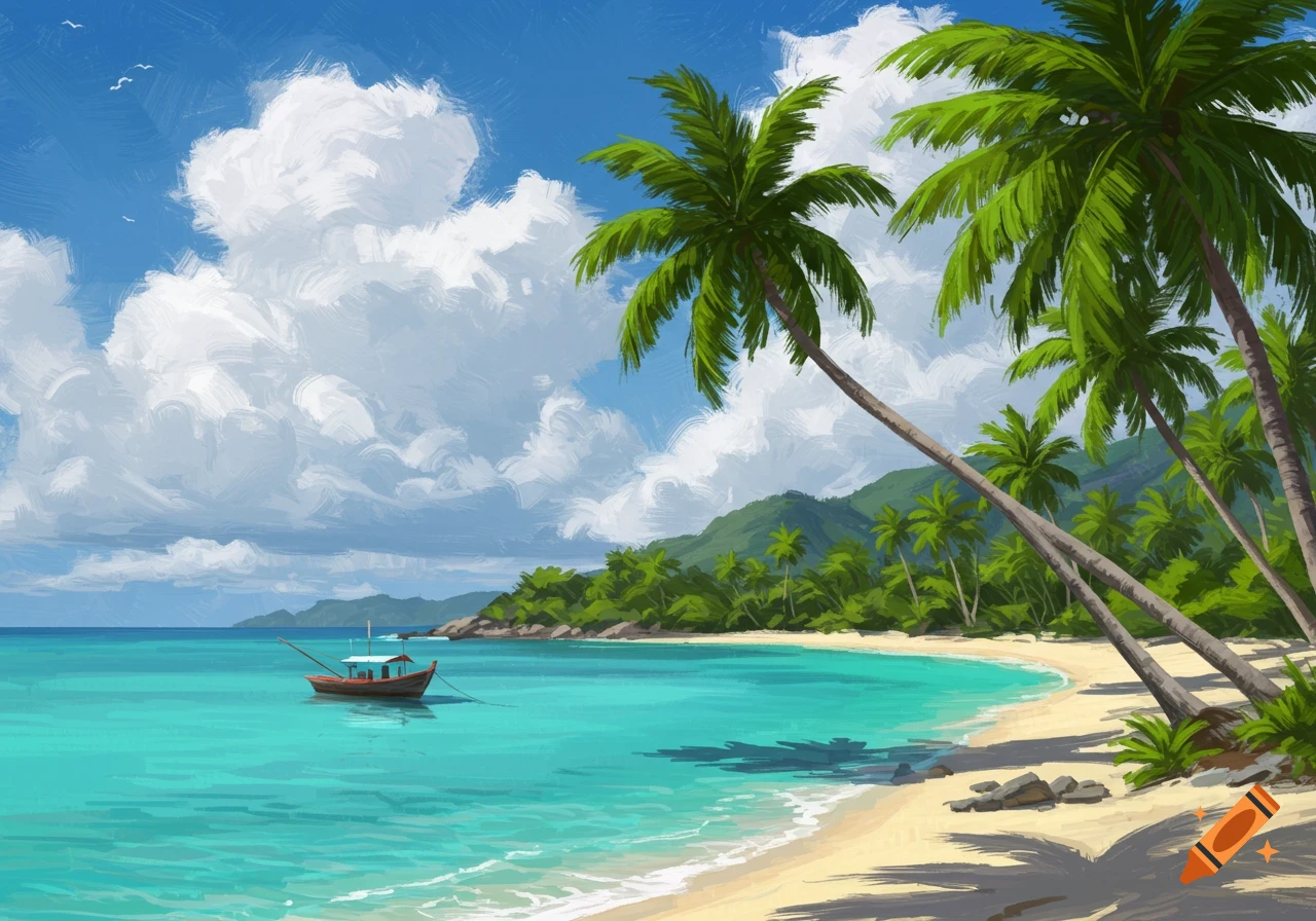 A painted tropical beach scene with palm trees, turquoise water, and a small boat.