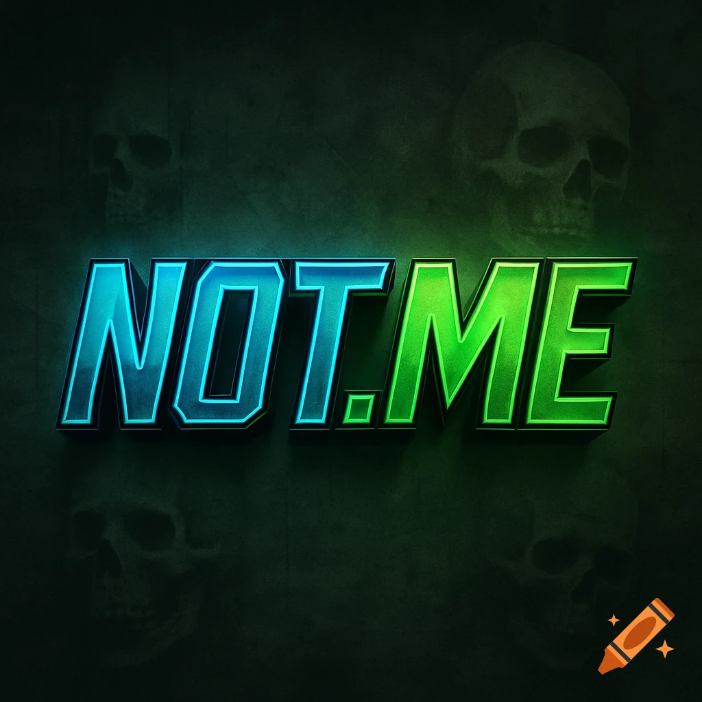 Blue and green 3D text "NOT.ME" against a dark, textured background with faint, stylized skulls.