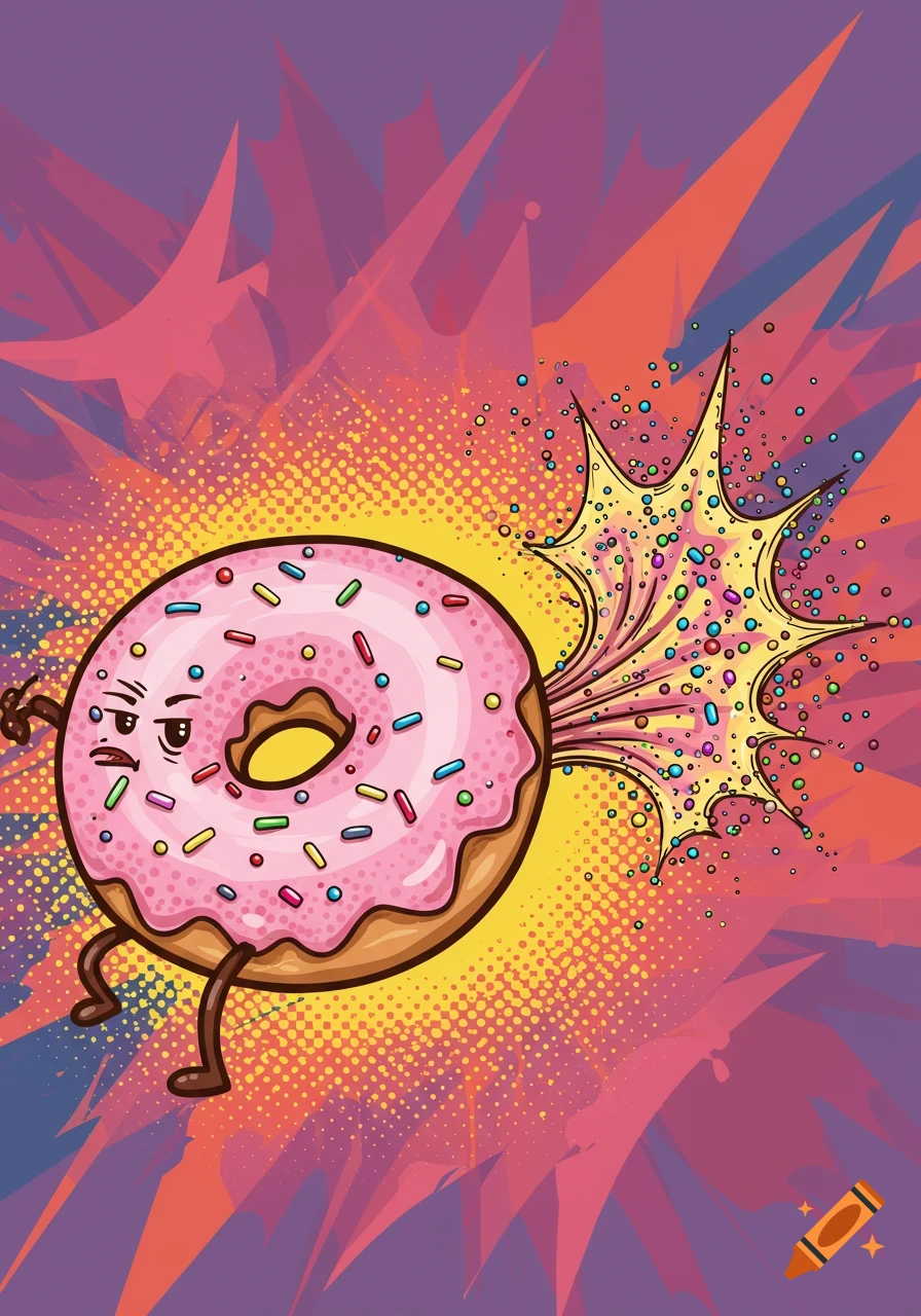 Cartoon donut farting sprinkles with a pop art background