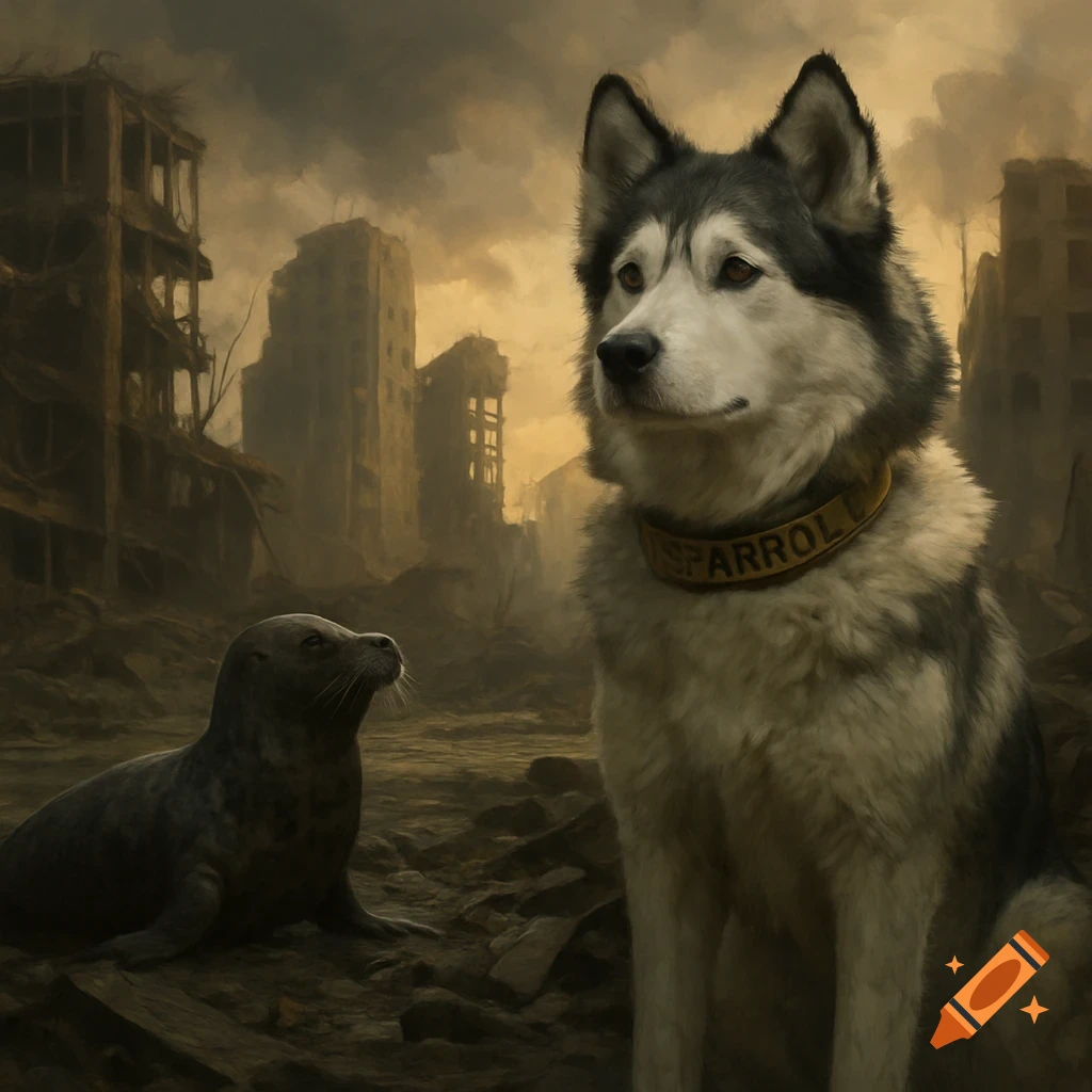 An Alaskan Malamute and a seal in the ruins of a post-apocalyptic city.