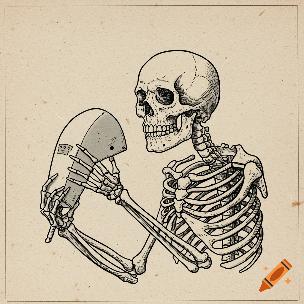 Illustration of a skeleton holding a sci-fi object.