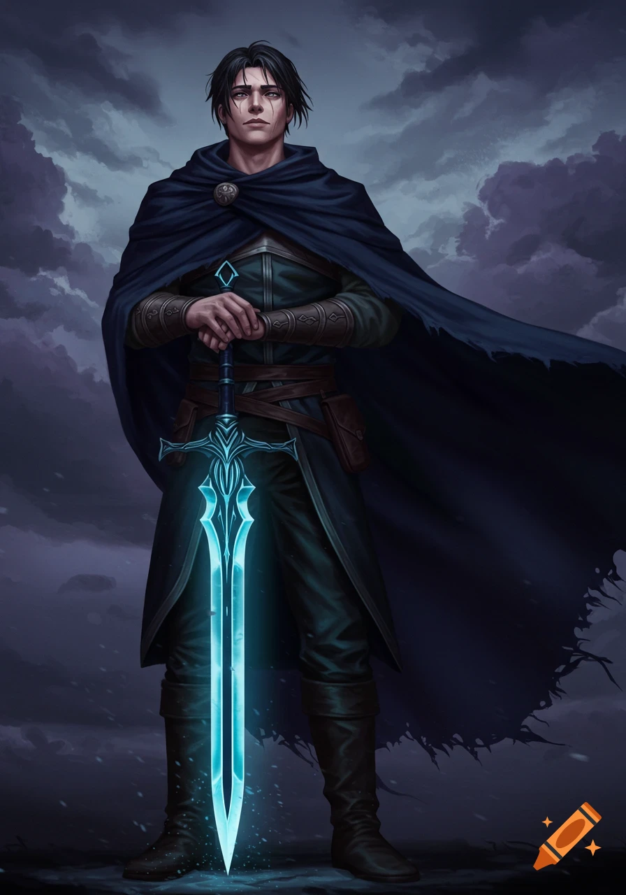 A fantasy character in a dark cape holds a glowing blue sword against a cloudy sky.