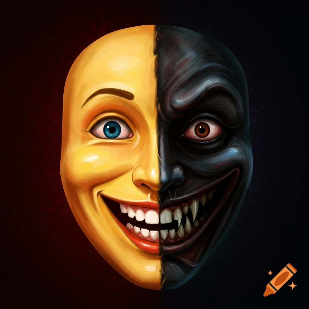 A mask split vertically between a yellow happy face and a dark, scary face with sharp teeth.