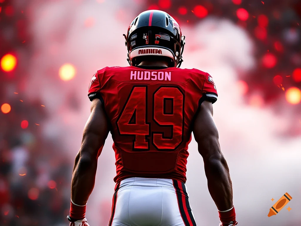 A football player wearing a red jersey with 'HUDSON' and number '49' on the back, seen from behind.