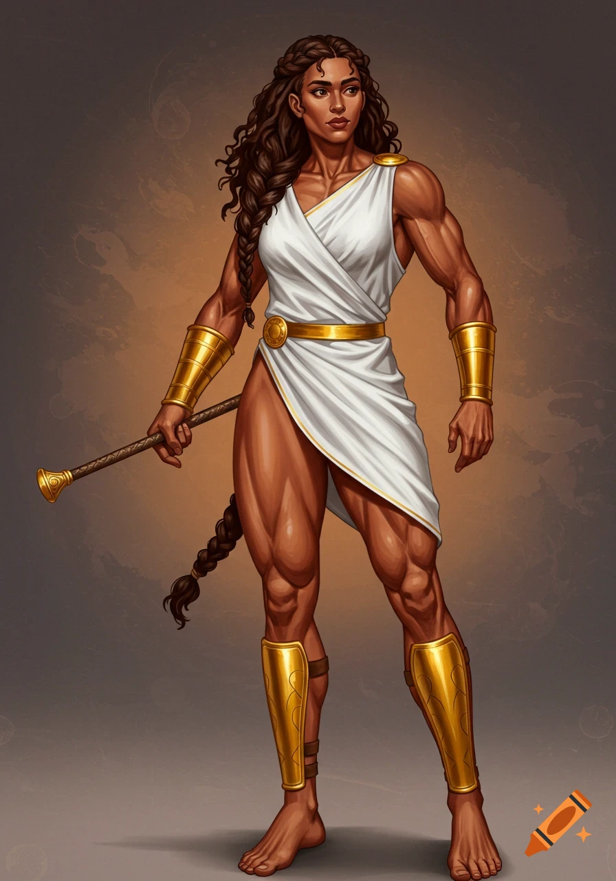 A muscular female warrior in a white toga and golden armor holding a staff.