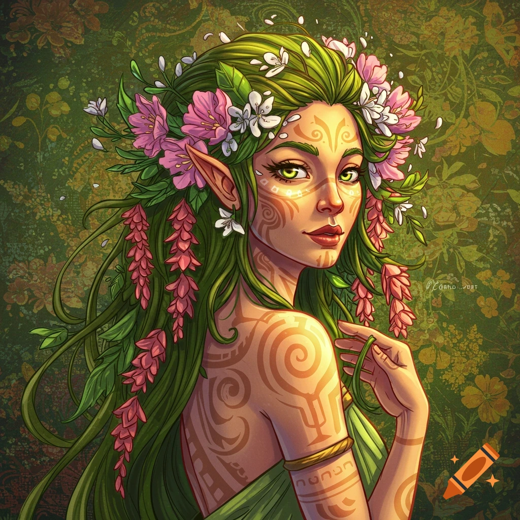 Illustration of a green-haired nature elf or goddess with floral crown and tribal tattoos.