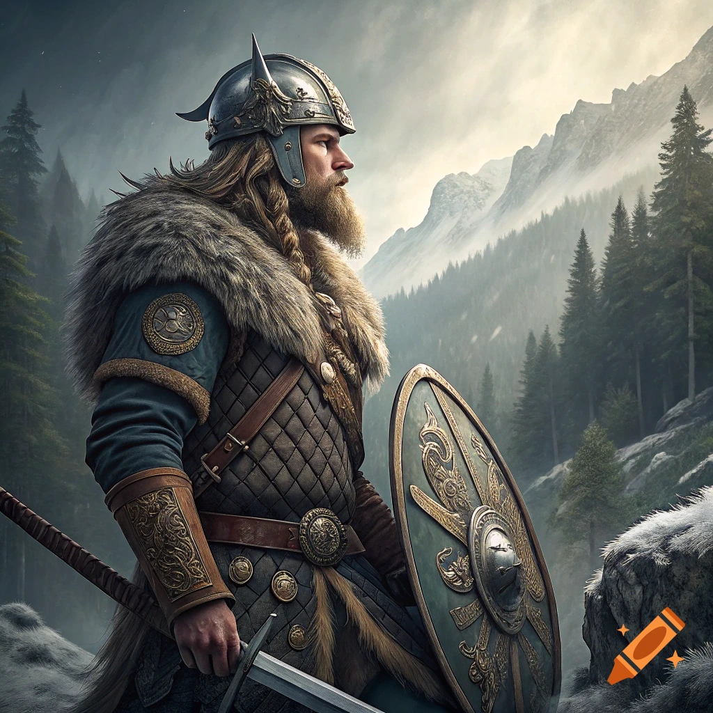 A bearded Viking warrior in armor with shield and sword stands in a snowy mountain forest.