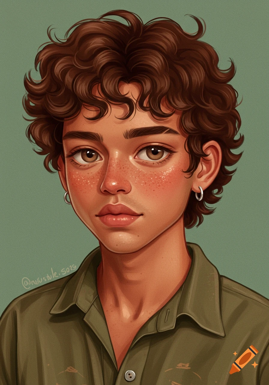 A young person with curly brown hair and freckles, wearing an olive shirt.