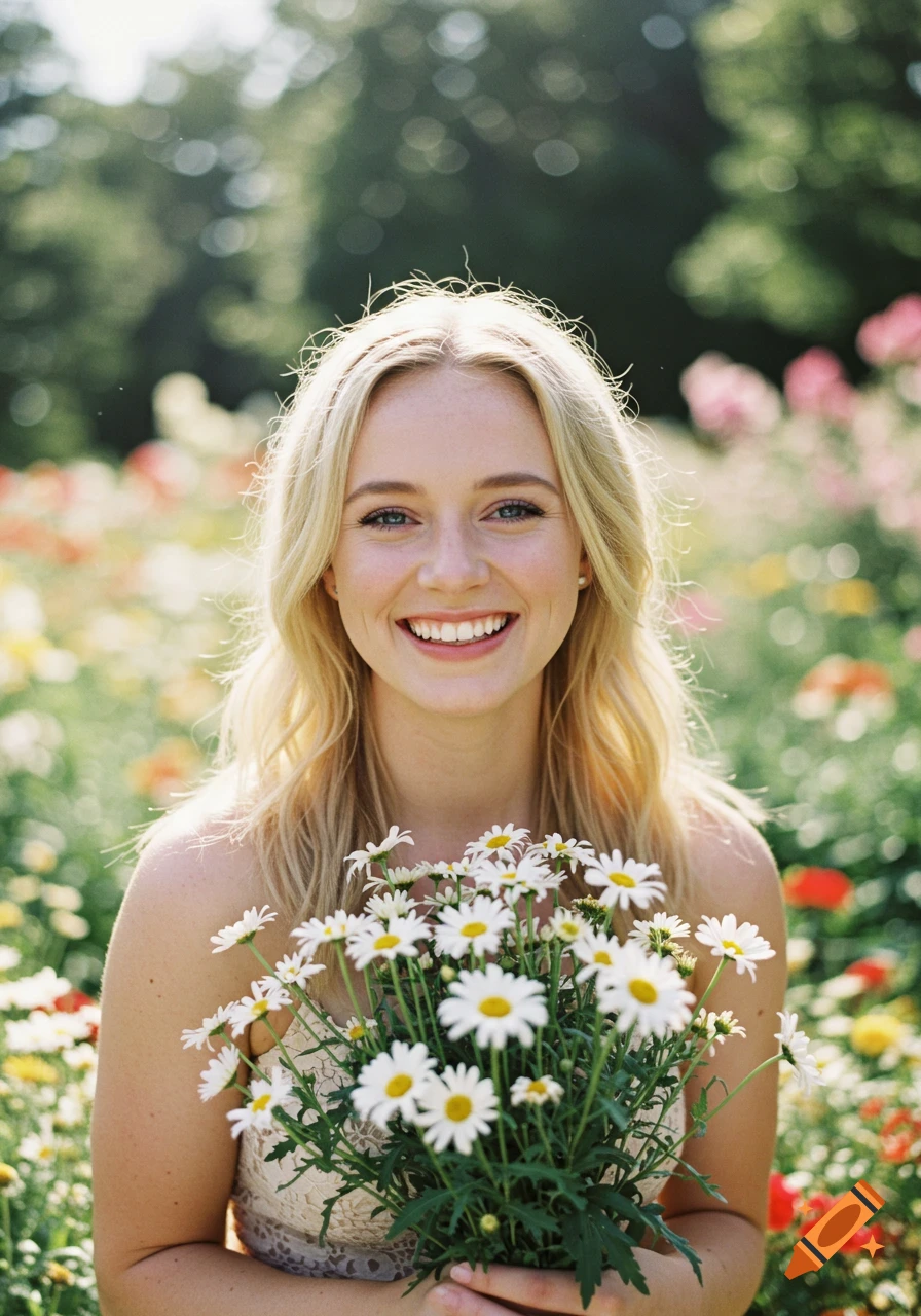 Young woman with blonde hair smiling and holding daisies in a field of flowers.